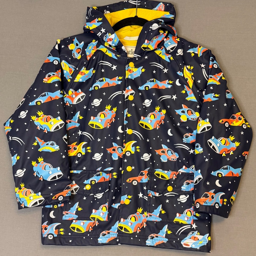 Hatley Kids Boy Navy Blue Space Flying Cars Hooded Raincoat Jacket Size 8